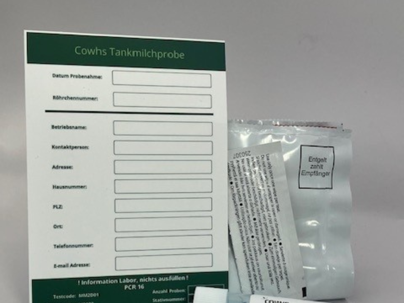 Tankmelkmonster invulkaart met retourzakje voor laboratoriumanalyse
